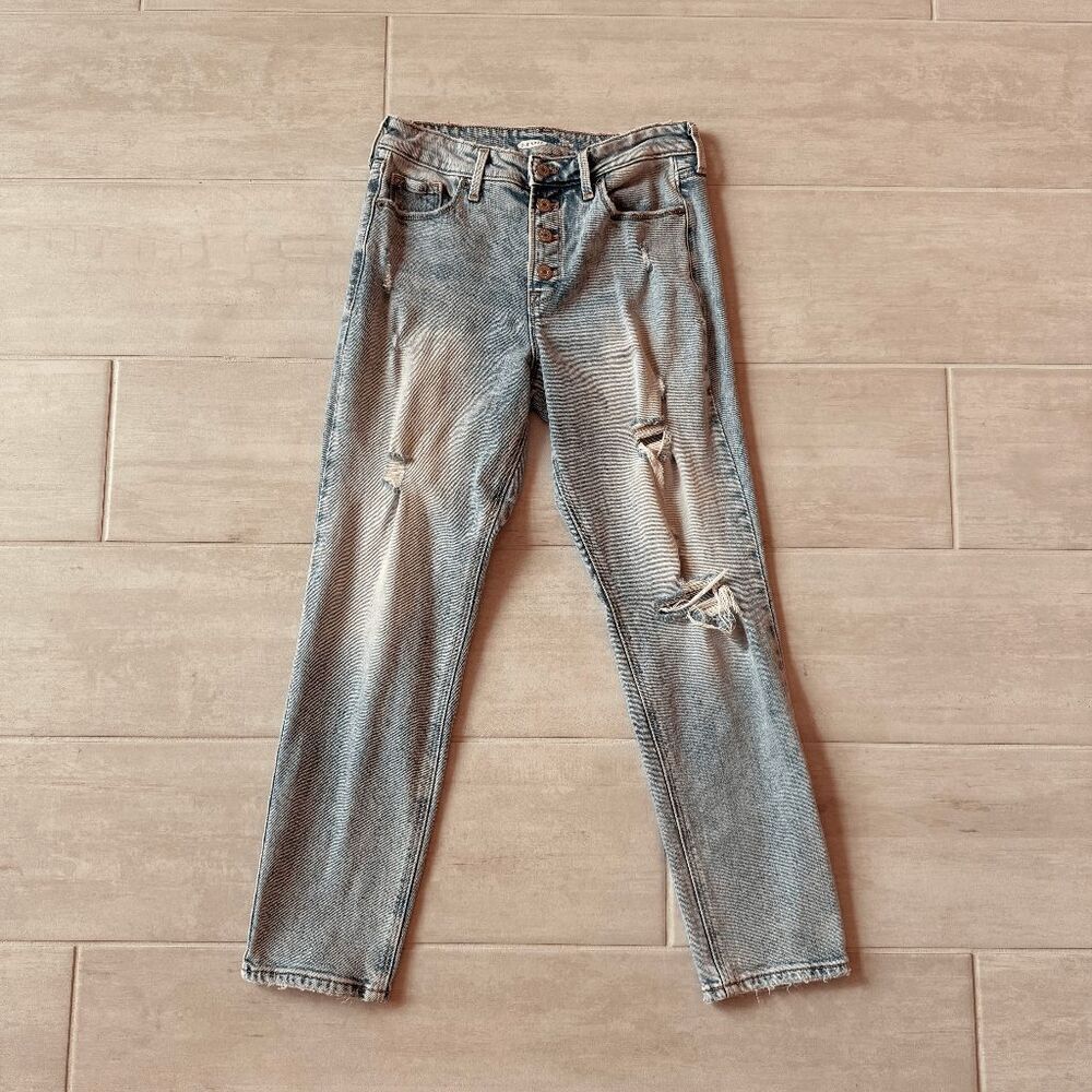 Old Navy Power Slim Straight High Rise Jeans Distressed Light Button Fly Ripped